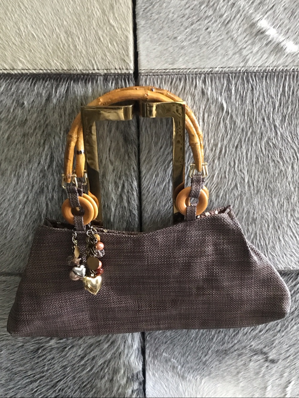 Brown Textured Clutch with Bamboo-Style Handles
